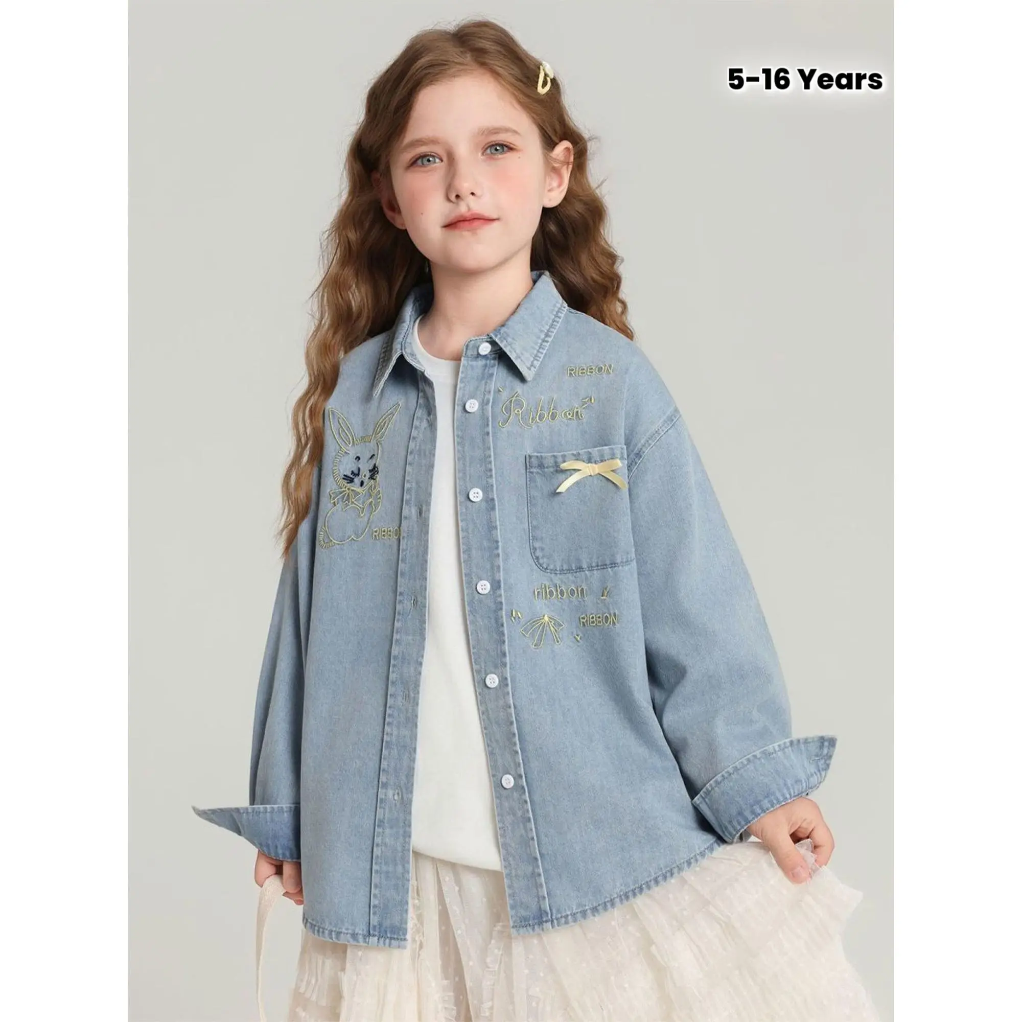 2025 New Girls' Denim Jacket - Embroidered Pockets, Bow Decor, Light Distressed, Washable, Single-Breasted Button Closure, Long Sleeve, Loose Fit Fall Winter Outerwear for 5-6 Years, 11-12y (Embroidery, Child Sized Girls' Jackets), Clothes, Casual, Bow Ac