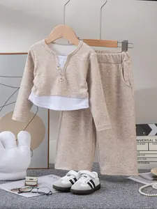 Girls' Knitted Casual Outfit Set, Long Sleeve V Neck Colorblock Top & Wide Leg Pants, Soft Warm for Spring Autumn Winter, Knitted Set Clothes