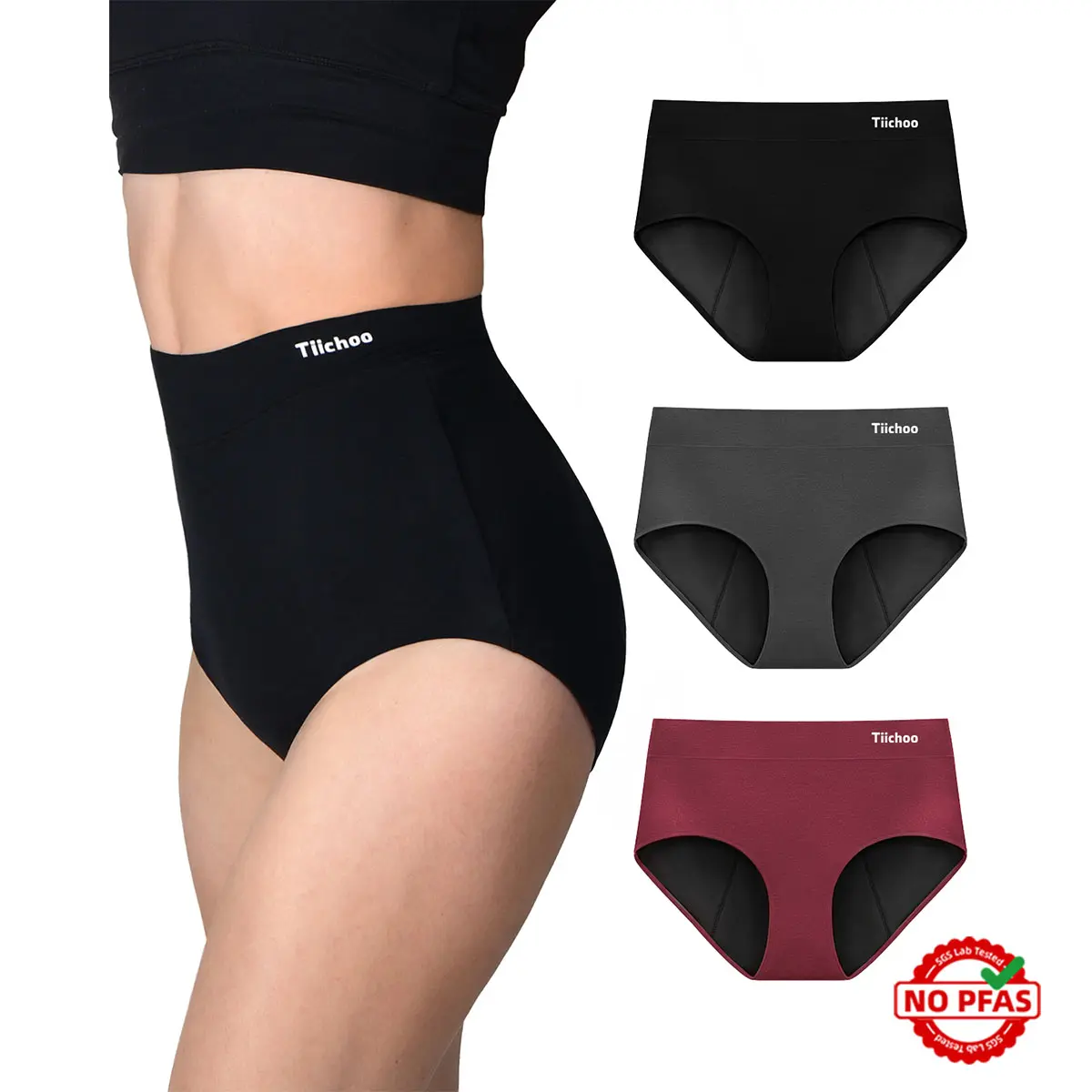 Tiichoo Women's High-Waisted Reusable Sustainable Panties for Women - 3 Black Leakproof Absorbent Briefs, Heavy Flow, Postpartum Use, Eco-Friendly, Full Coverage, Protective Layers, Sleeping Support, Black Crotch