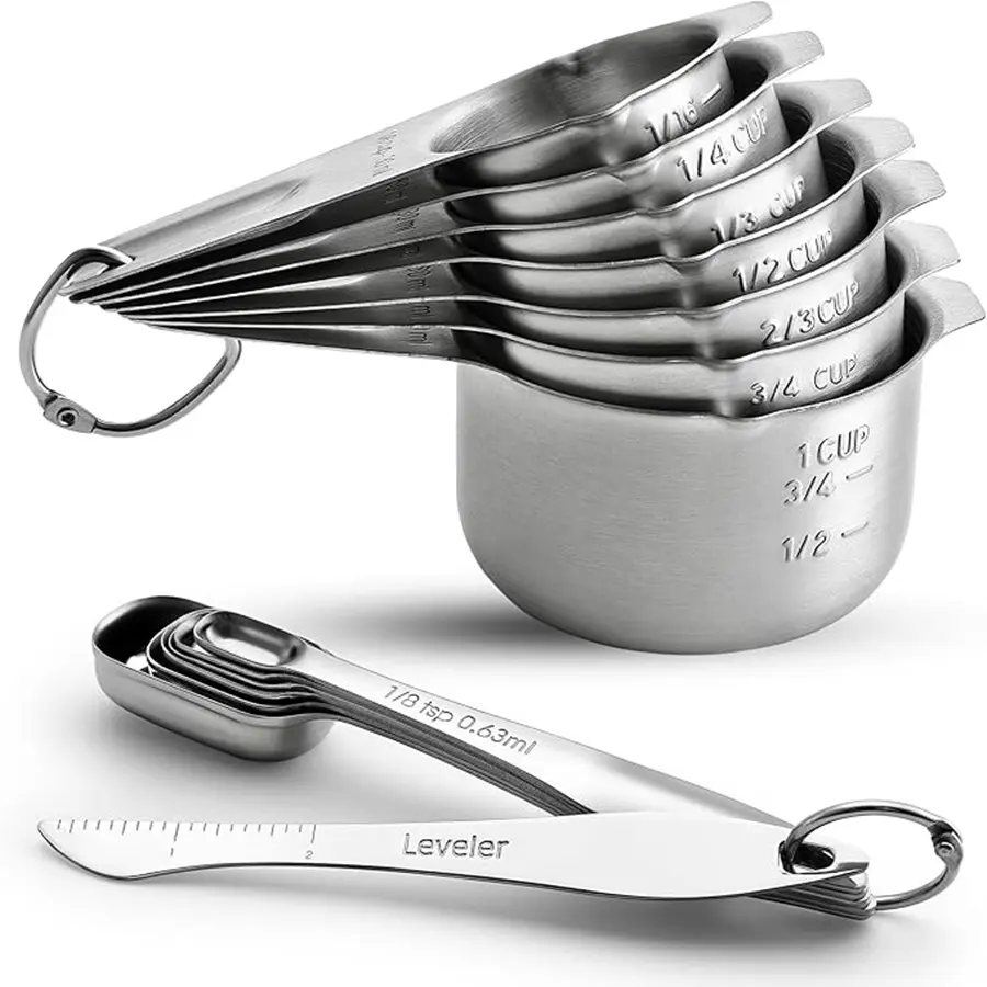 14-Piece Eco-Friendly Stainless Steel Kitchen Measuring Cups and Spoons Kit - Stackable Engraved Round Utensils Set with Leveler, 3/4 Cup Food Measuring Tool for Cooking & Baking Needs, 3/4 Cup Included