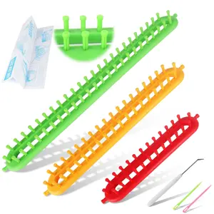3 pcs Rectangle Knitting Looms Kit Sparse Pegs Loom Knitter Different Sizes Colorful Plastic Weaving Looms Set DIY Yarn Weaving Kits with a Crochet Hook and Needle (Color Is Random)