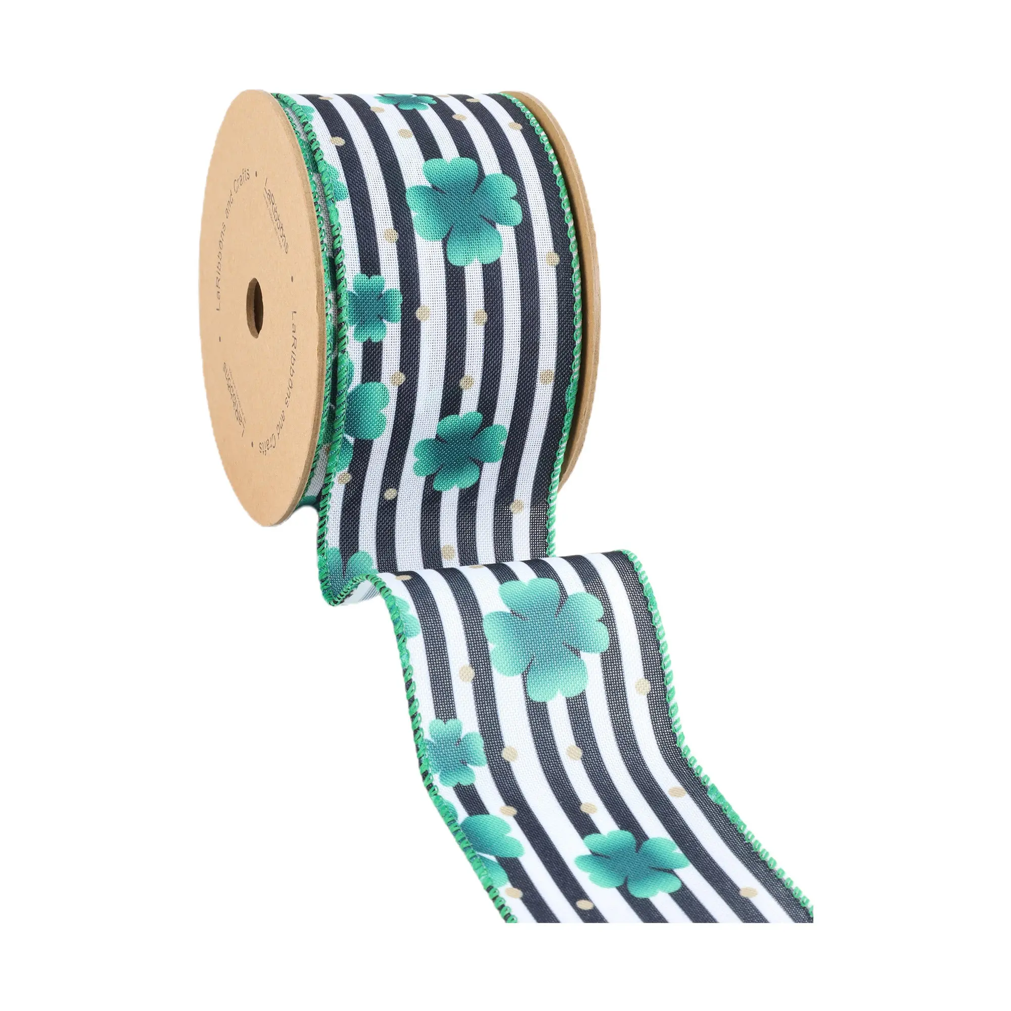 2 1/2" Wired Ribbon | Black/White Stripe Shamrock | 10 Yard Roll St Patrick's Day Collection outdoor Green decor wrapping gifts