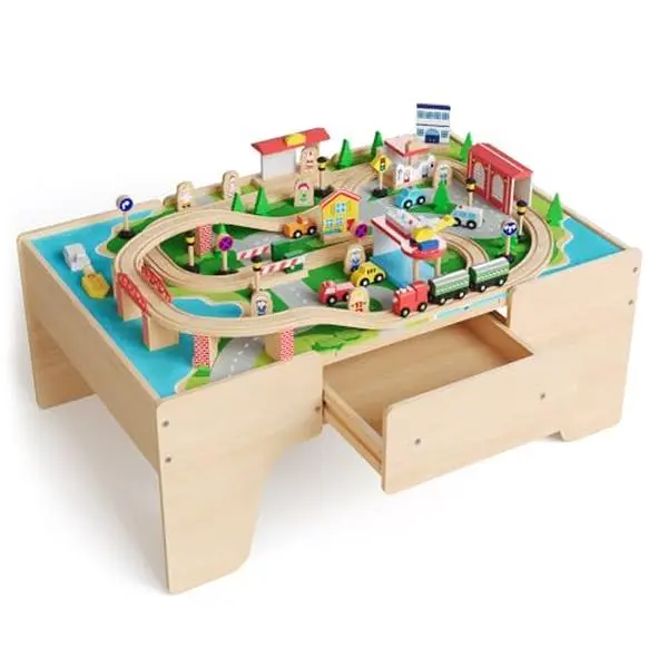 GAOMON 84-Piece Eco-Friendly Solid Wood Toddler Train Table, Ergonomically Sized Multipurpose Activity Playset with Reversible Top, Built-In Storage Drawer, Train Tracks, Rail System, Play Scene, Child-Safe Paint, Cars