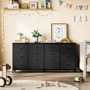 14 Drawer Dresser, 63 Inch Black Fabric Dresser TV Stand with Power Outlet for 65 70 75 Inch TV, Long Entertainment Center for Bedroom, Closet, Living Room, Entryway