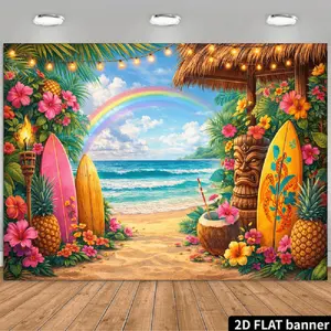 2D Flat Banner Polyester Photography Backdrop, HD Digitally Printed Tropical Beach Scene Background Cloth with Rainbow, Surfboards, Pineapples, and Flowers for Summer Parties, Birthday Events, Photo Booths, and Studio Video