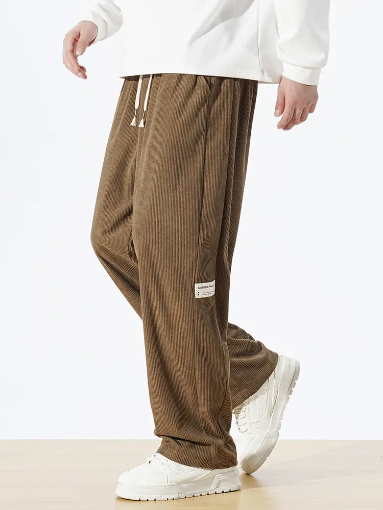 Men's Baggy Corduroy Pants Wide Leg Loose Fit Casual Streetwear Trousers Y2K Style Relaxed Fit Drawstring Waist Pants