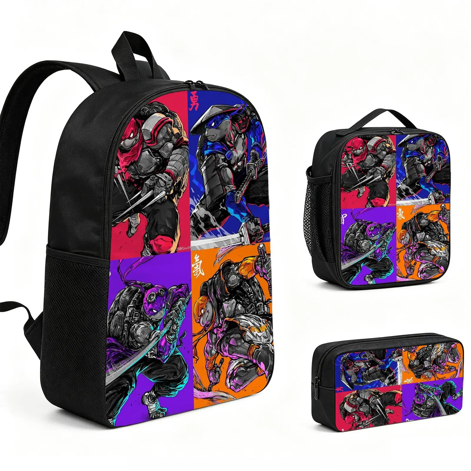 ninja turtle Backpack 3pcs Set with Vibrant Print, Durable School Bookbag with Insulated Lunch Tote and Pencil Bag for Teens Boys Girls, Multi-Functional Laptop Travel Daypack Gift for Kids L-220