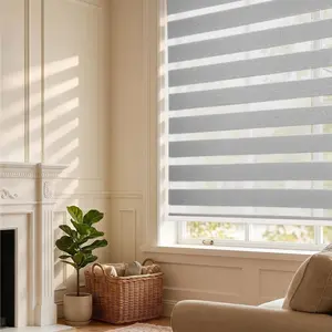 Cordless Light Filtering Zebra Shades for Windows, Day Night Dual-Layer Linen-Look Woven Fabric Roller Shades, Privacy Light Control for Living Room/Home Office, Light Grey, 46" W x 72" H