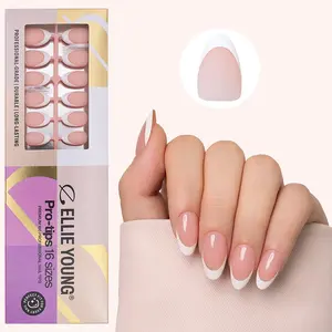 ELLIE YOUNG Pro-Tips Short Almond White French Tips with Nude Base, 160pc Press-On Nails Kit – 16 Sizes, Matte Gel Acrylic Look, Soft Gel DIY Extensions, Nail Glue