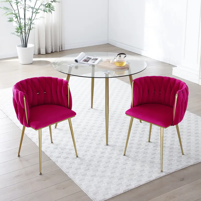 【Bellemave】Modern Velvet Dining Chairs Set of 2, Upholstered Woven Dining Chair with Golden Metal Legs, Upholstered Dining Chairs for Dining Room, Kitchen, Vanity, Living Room
