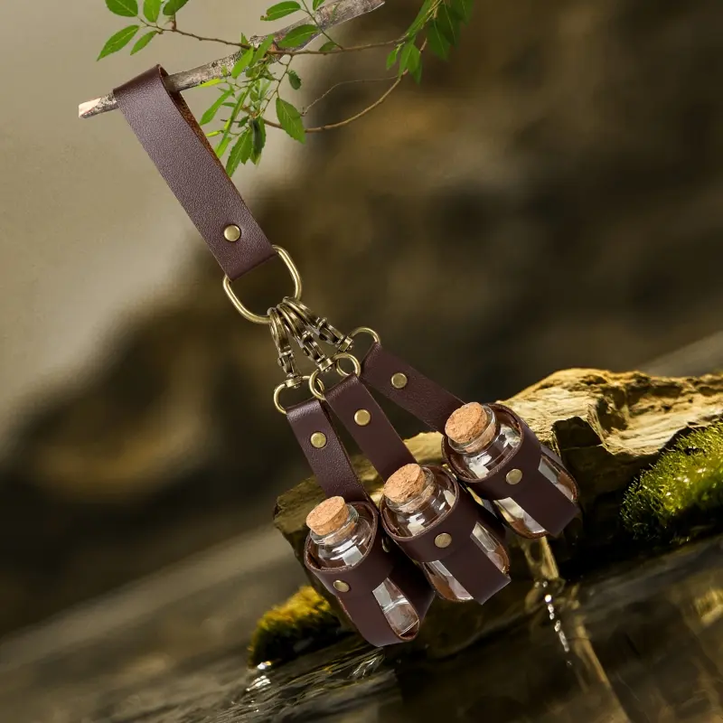 Witch Prop Set - Medieval Glass Potion Bottles with Cork Stoppers & Faux Leather Holder, Adult Witches-and-Wizards Cosplay Accessories, Funky, Glass Bottle, Pu Leather, Glass Bottles