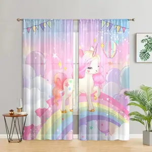Cartoon Unicorn Pattern Curtain, 2 Counts/set Cute Curtain with Easy To Install Pole Pockets, Semi Transparent Privacy Curtain for Bedroom, Living Room, Kitchen, Room Decor Curtain
