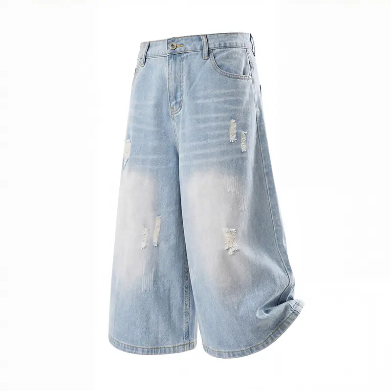 Men's Ripped Denim Shorts - Chic Vintage Street Style Capri with a Wide Leg Loose Fit, Light Wash and Button Closure, Fashion, Menswear, Baggy, Minimalist, Jeans, Oversized, Casual, Mens Clothing