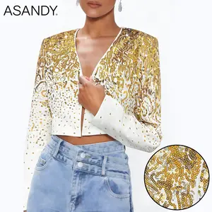 ASANDY Women's Sparkly Gold Glitter Sequin Long Sleeve Cropped Suit Blazer - Lapel-Less White Short Fashion Jacket, Party Statement Clothes,summervibes