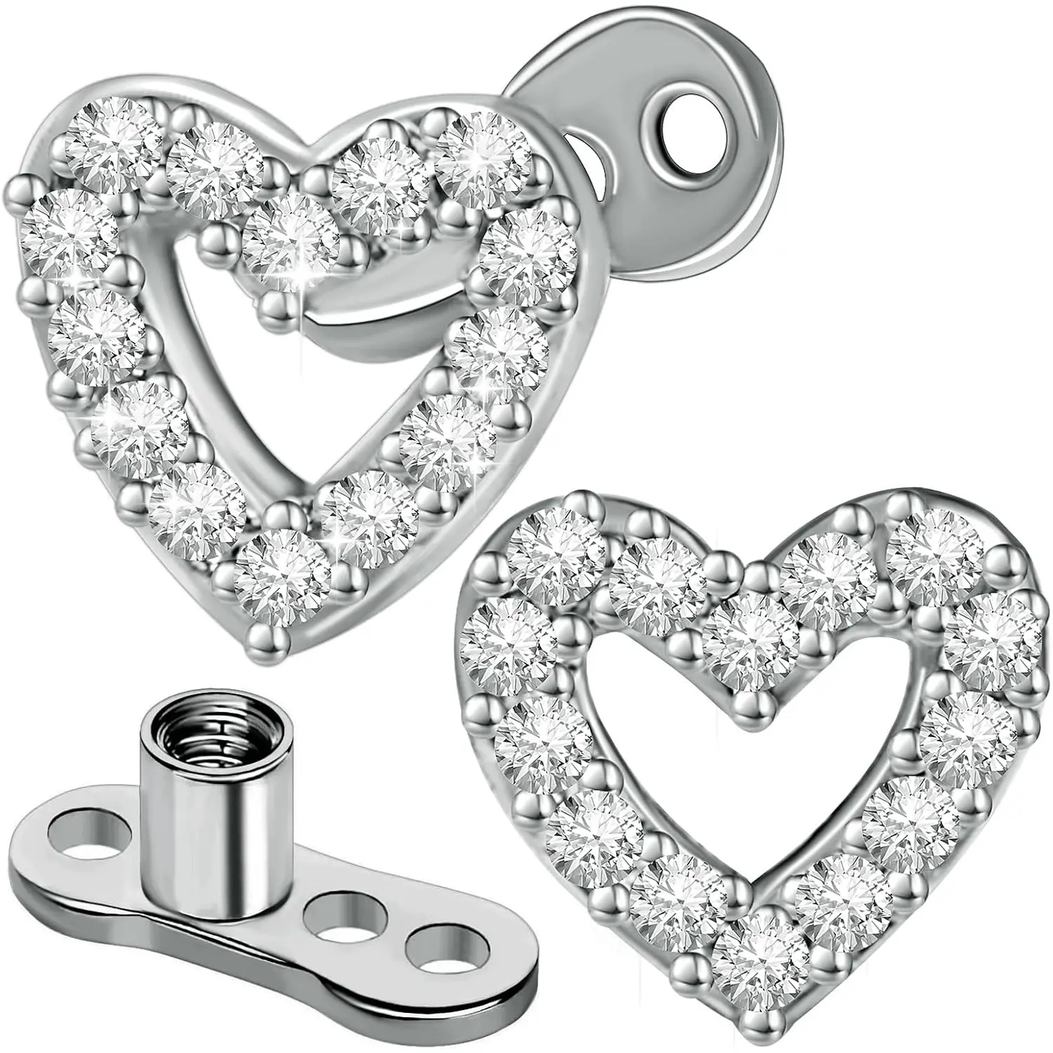 2 PCS 14G Cubic Zirconia Dermal Anchor Tops and Base Surgical Titanium Steel CZ Diamond Microdermals Internally Threaded Studs Body Piercings Jewelry Gift for Women Men