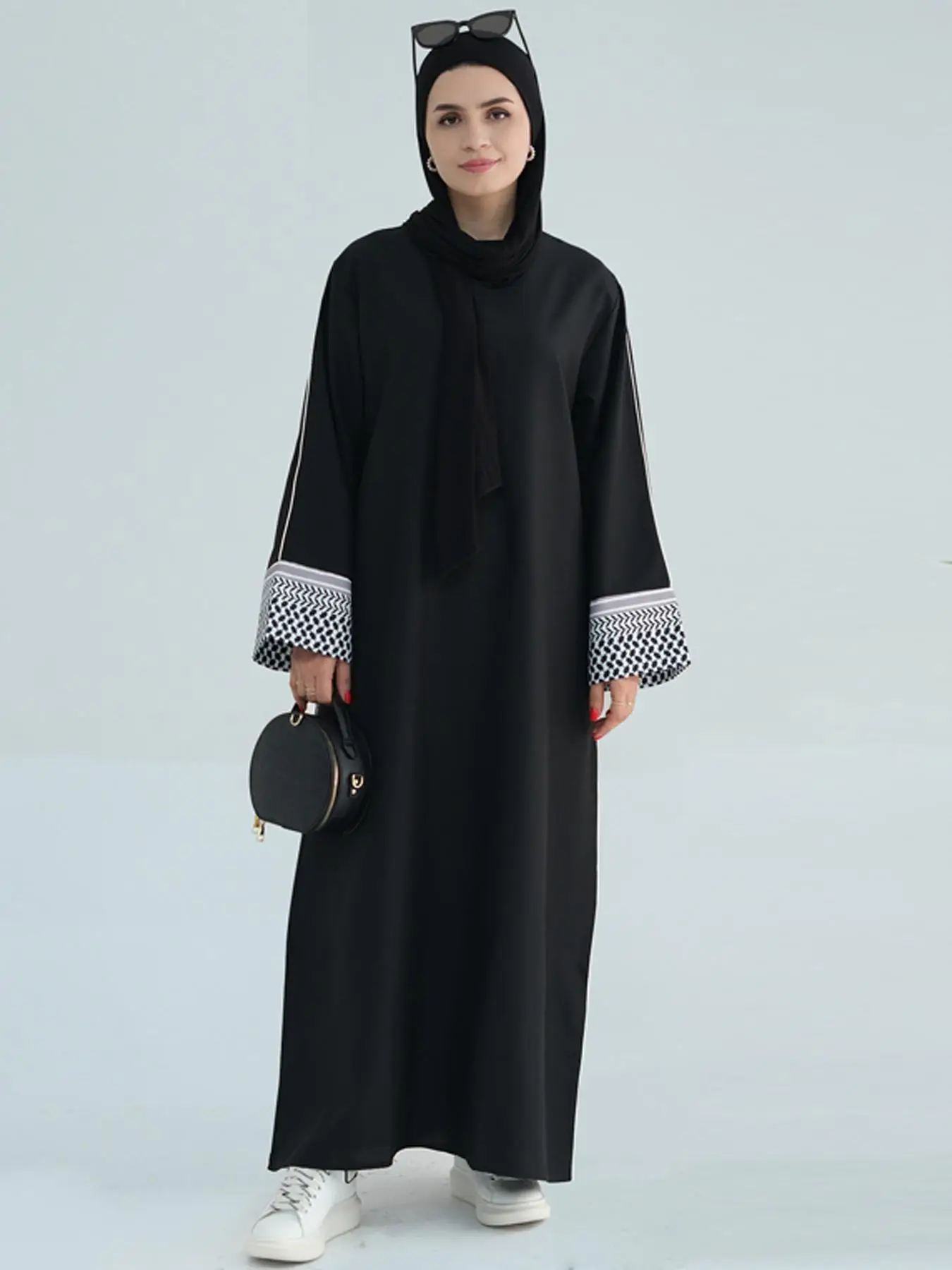 Women's Patchwork Side Striped Zipper Back Long Sleeve Kaftan, Elegant Modest Round Neck Long Dress for Party Holiday, Birthday Dresses, Muslim Dresse