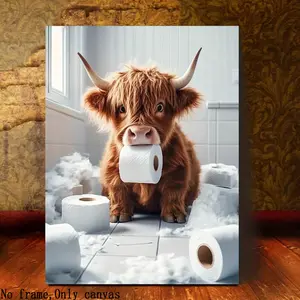 Frameless Highland Cow Canvas Art Print, Humorous Animal Design Bathroom Wall Decor, Dreamy Mural for Home Bedroom Kitchen Office, Perfect Gift for Animal Lovers
