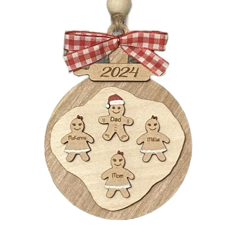 Personalized 2024 Christmas Ornaments with Gingerbread Family Cutouts and Red Gingham Bow for Festive Home Decor