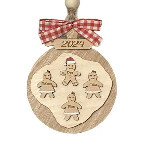 Personalized 2024 Christmas Ornaments with Gingerbread Family Cutouts and Red Gingham Bow for Festive Home Decor