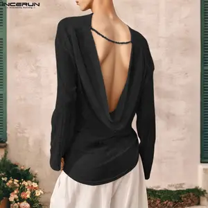 INCERUN Menswear Soft Fabric Long-Sleeves T-Shirt - Strap Backless, Hollow-Out, Slim-Fit Fashion Top for Casual Club Parties, Night Outs