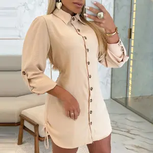ChicMe Women's Polka Dot Stand Collar Long Sleeve Shirt Dress Casual Button Design Mini Dress/Button Down Drawstring Mini Dress