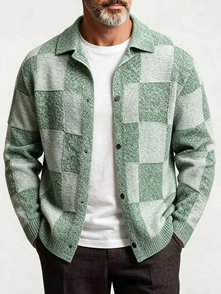 Men's Vintage Checked Block Knit Cardigan - Turn-Down Collar, Square Texture, Stylish Casual Fit Polyester Tops for Autumn Winter Menswear Outerwear