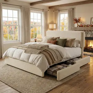 Gaomon Queen Size Teddy Fleece Bed Frame, Upholstered Platform Bed Frames for Queen with 2 Storage Drawers, Height-Adjustable Cloud Headboard, Thick Soft Teddy Fabric, Modern Style, No Box Spring Required, Cream, Queen Sized Bed Frame