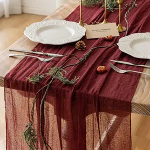 Burgundy Christmas Tablecloth Decoration Red Coarse Cotton Gauze 120 Inches 10 Feet Country Bohemian Style Coarse Cotton Tablecloth Suitable for Weddings Baby Bridal Shower Party Long Transparent Home Christmas Decorations