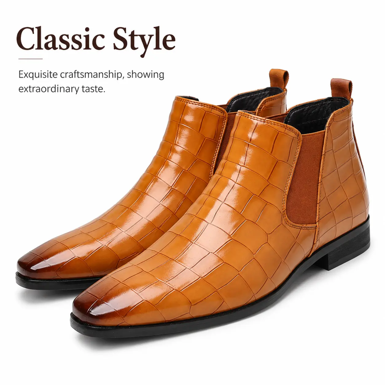 Men's Classic Business Chelsea Boots - Crocodile Embossed Synthetic Leather, Slip-On Ankle Casual Shoes, All-Seasons Classic Boot