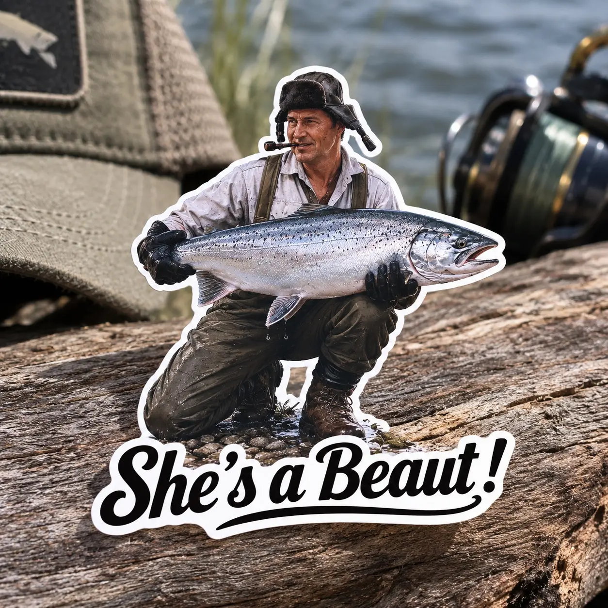 Shes A Beaut Angler Vinyl Sticker, Fisherman Pipe Big Salmon Trophy Fish, Waterproof Die Cut Laptop Tumbler Tackle Box Decal