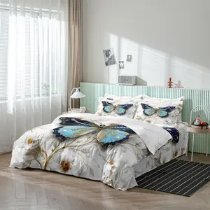 4/7Pcs Butterfly & Flower Print Bedding Set, Duvet Cover & Fitted Sheet & Flat Sheet & Pillowcases Set Without Filler, Soft Comfortable Bedding Supplies For Home Bedroom Hotel and Dormitary [Back To School]