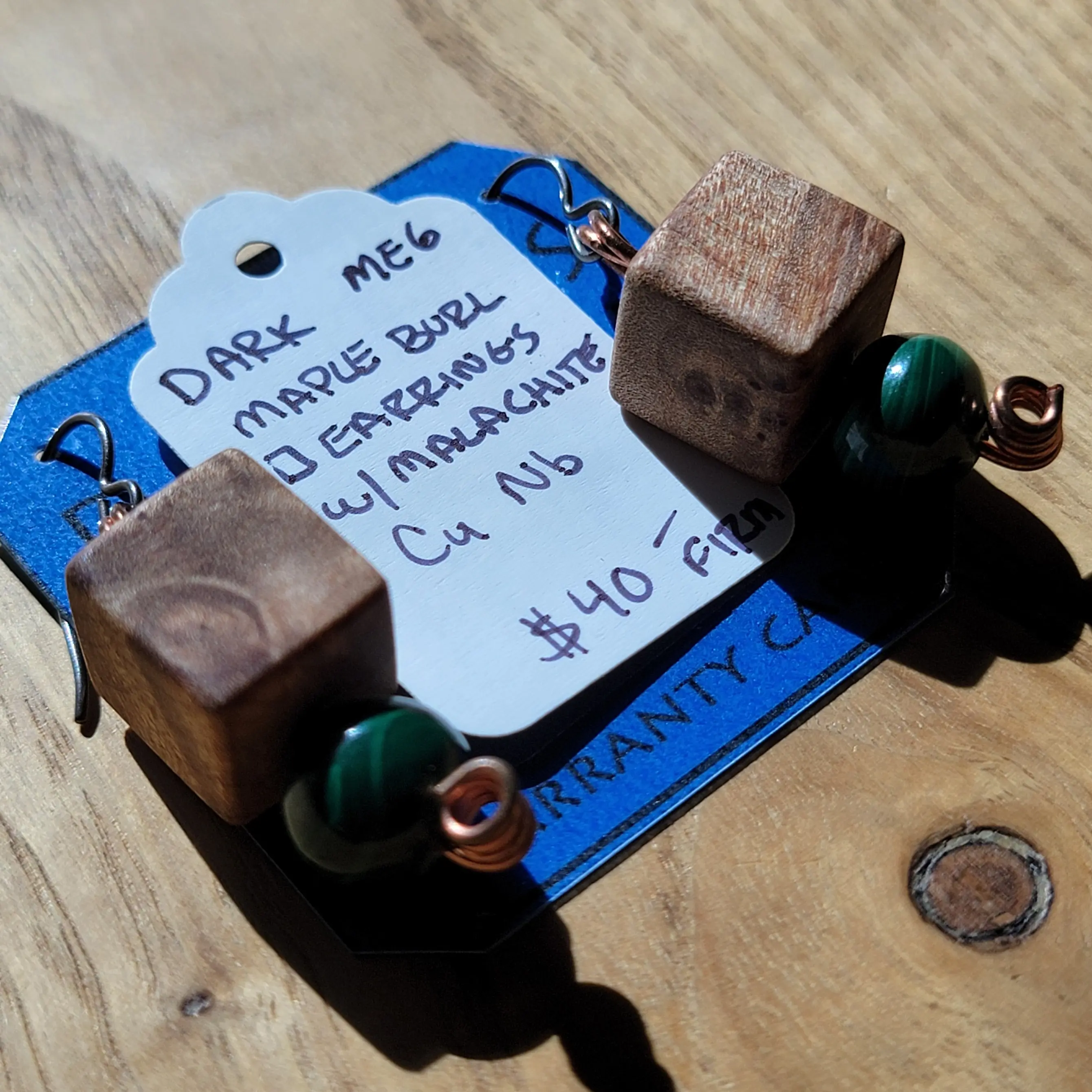 Dark Side Maple Burl Wood with Malachite Earrings