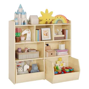 Garvee Toy Storage Organizer with Movable Drawers, Kids Bookshelf Featuring Hidden Wheels and 5 Open Cubbies, Multifunctional Floor Storage Chest Ideal for Playroom Organization and Storage