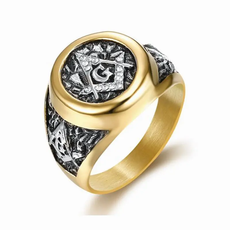 Men's Stainless Steel Freemason Emblem Signet Ring with White Cubic Zirconia, Cubic Zirconia Rings, Sizes 5-16