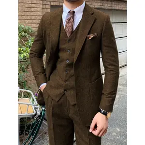 Men's 3-Piece Vintage Tweed Suit with Blended Herringbone Perfect for Weddings & Formal Events