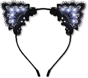 FlashingBlinkyLights Black Lace Light Up Kitty Cat Ears Headband with White LEDs