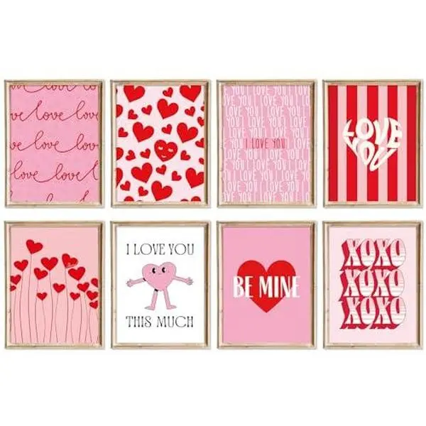 AnyDesign 8 Sheet Valentine's Day Wall Art Prints Red Pink Love Heart Posters Decorative Sweet Art Poster for Wedding Anniversary Home Gallery Decor, 8 x 10 Inch, Unframed