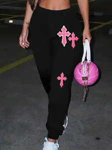 Flirla Plus Size Casual Cross Print Harem Pants