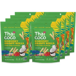 Thai Coco Thai Chili Crispy Coconut Rolls 8 Bag (3.5 oz) - Organic Tropical Snack, Vegan, Gluten-Free, Dairy-Free, Non-GMO, Light Fluffy Healthy Snack