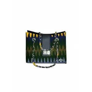 Panache Envelope Clutch Handbag with Chain Strap, Black Top, and Decorative Pattern in Navy Blue and Yellow