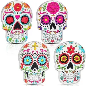 Day of The Dead Sugar Skull Table Decor Dia De Los Muertos Wooden Skull Centerpiece Mexican Halloween Altar Figurine for Party Home Room Decorations
