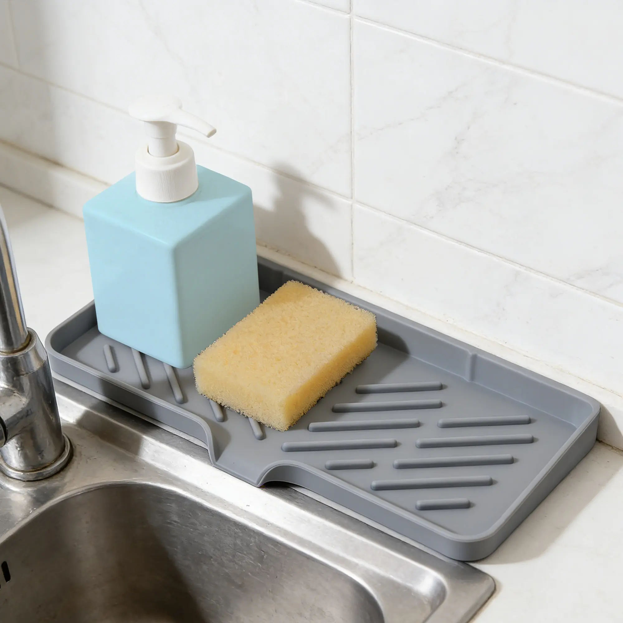 Household Essentials Silicone Sink Mat - 6x10 inches 2-in-1 Home Accessory with Non-slip Comfortable Grip, Self-draining Sponge Holder, Built-in Organizer, Easy Cleaning for Kitchen