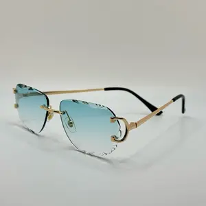 Elegant Diamond Cutted Rimless Gradient Blue Sunglasses with Gold Frame for Men & Women Trendy Beach Eyewear UV400 Protection