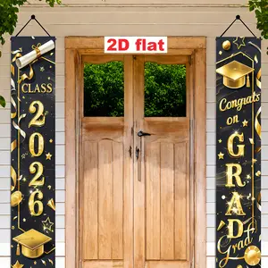 Gold Graduation Banner with Class 2026 Congratulations Text, Stars and Ribbons, Perfect for Photo Booths and Outdoor Celebrations, Ideal for Birthday and Graduation Party Decor, Outdoor Banners, Graduation Decoration