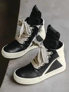 Men's High-Top Skate Shoes, Trendy High Top, Space Leather Upper, Colorblock Design, Thick Sole, Breathable Lining, Anti-Slip Wear-Resistant Bottom