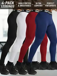 4 Pack Men's Compression Leggings, High Stretch & Breathable Athletic Tights, Quick Dry Base Layer Bottoms for Gym Running Basketball Soccer,  Performance Activewear Pants for Daily Training & Fitness.（Black/White/Red/Blue）