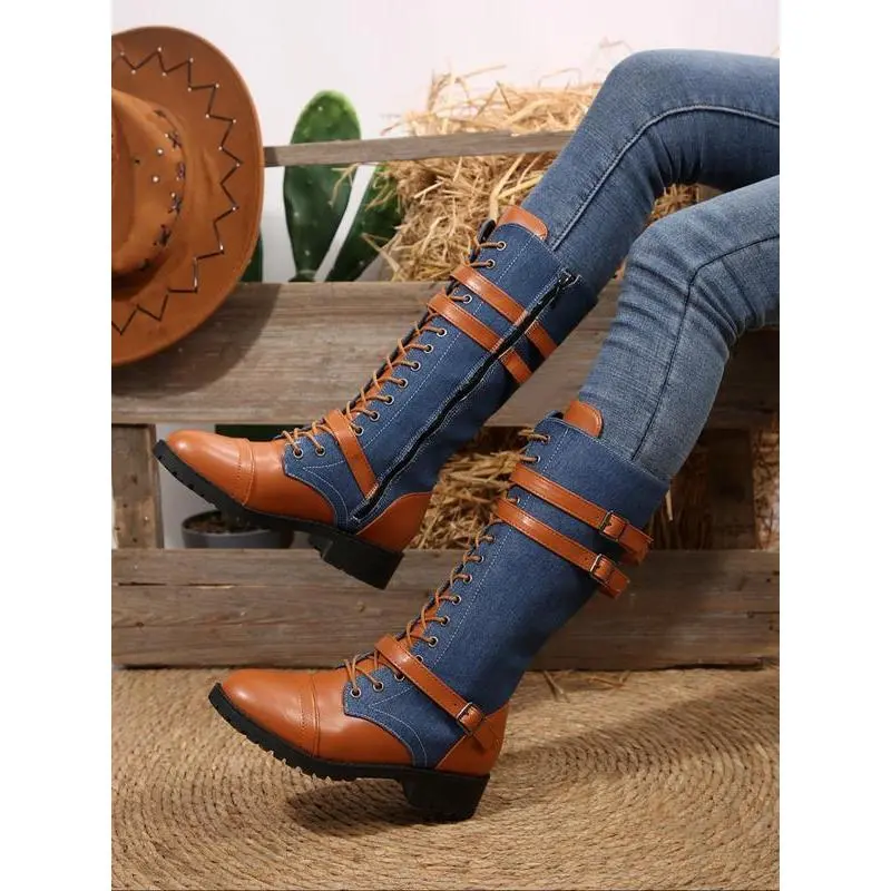 Women's fashionable color blocked high top boots, casual denim style, with side zipper design, fashionable daily shoes, patch design boots gift (gift) (gift)