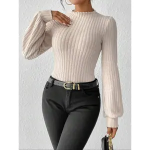 Women’s plain ribbed bodysuit with button closure at crotch, casual long-sleeve bodysuit for fall and winter, women’s clothing for daily wear, fashionable bodysuits