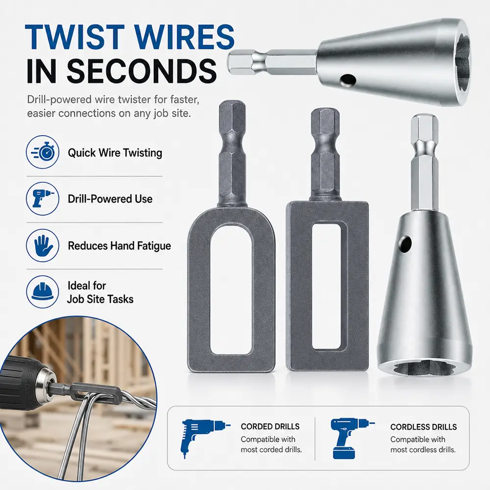 4-Pack Drill-Powered Wire Twister Tool with Hex Shank, Winding Tool & Twisting Sleeve, Multifunctional Iron Wire Knotter for Universal Drills, Construction Use