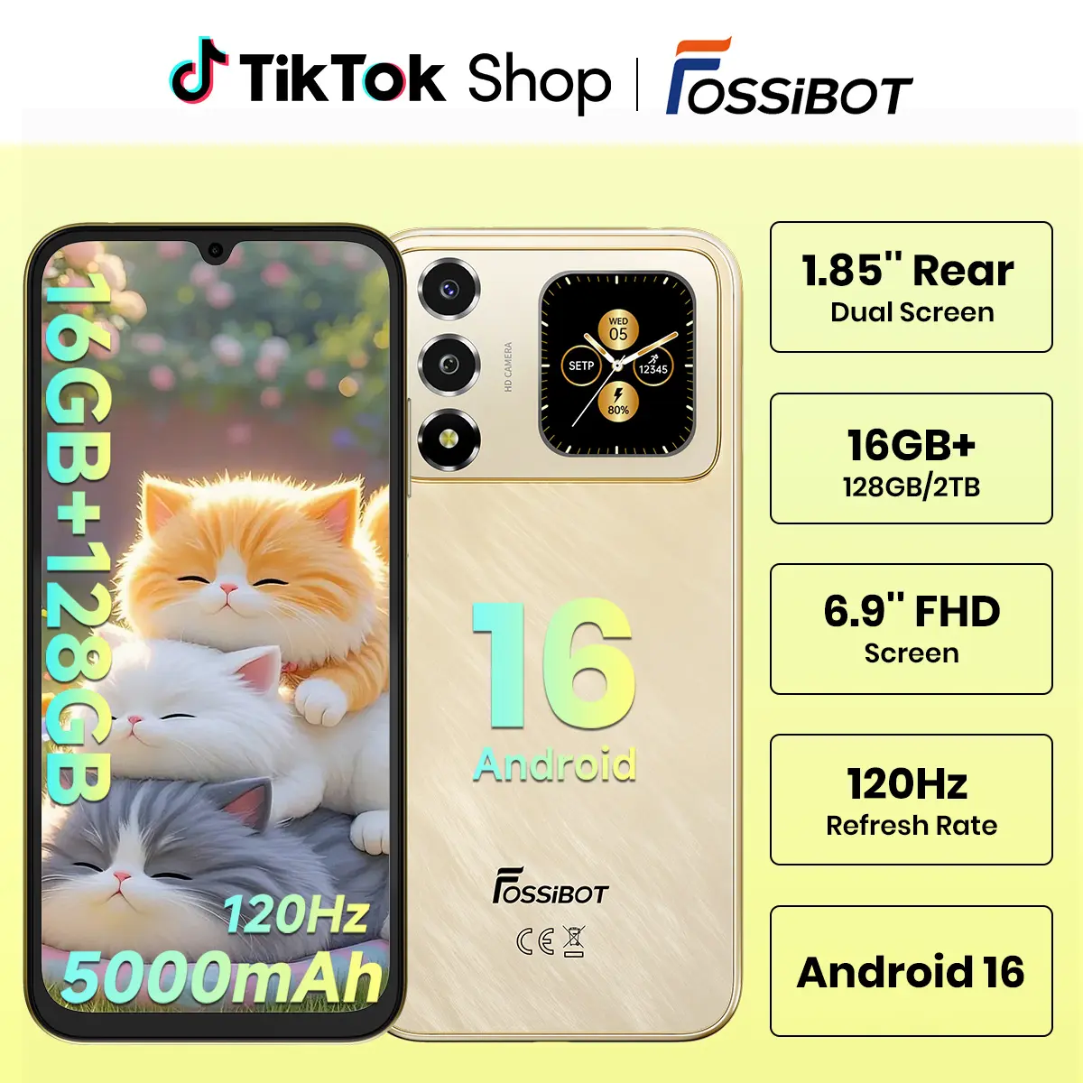 FOSSIBOT S7 | 2026 | Android 16 | 16(4+12)+128GB | up to 1TB | Unlocked Cell Phones 1.85"Smart Rear Display | 120hz | 5000mAh | 6.9''FHD | 1080p 60fps Encode |16MP AF | GPS | Dual SIM | 4G | AI Recognition | Beauty | Luxury Gold